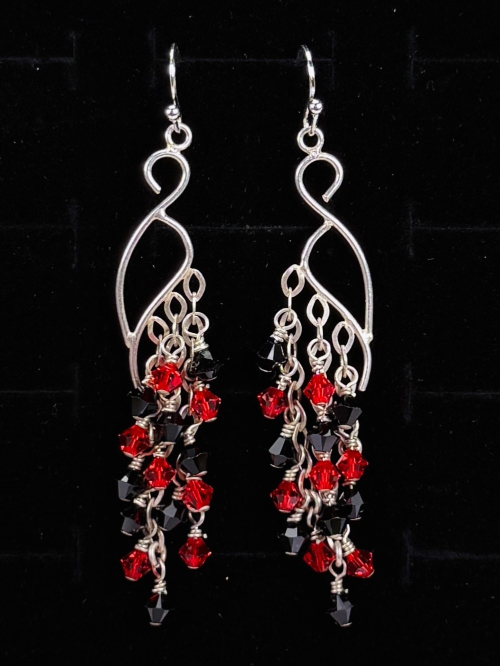 Beautiful Silvertone, black and red bead fringe peacock pierced dangle earrings